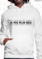 IK MIS MIJN BED dames hoodie - Wit - Maat L - Lange mouwen - Met capuchon & steekzakken - Regular Fit - Grappige teksten - Leuke hoodies - Humor - Quotes - Kwoots - Cadeau - Slapen