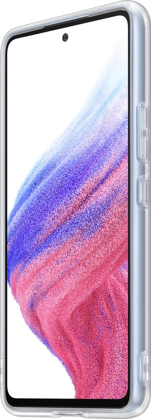 Zijaanzicht van een lichtblauwe Samsung telefoon met scherm, in een transparante hoes.