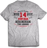 14 Jaar Legend - Feest kado T-Shirt Heren / Dames - Antraciet Grijs / Rood - Perfect Verjaardag Cadeau Shirt - grappige Spreuken, Zinnen en Teksten. Maat XL