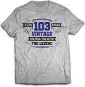 103 Jaar Legend - Feest kado T-Shirt Heren / Dames - Antraciet Grijs / Donker Blauw - Perfect Verjaardag Cadeau Shirt - grappige Spreuken, Zinnen en Teksten. Maat XXL