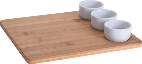 Sushi Set - 4-Delig - Serveerplank + 3 Porselein Kommetjes - 28 x 24 cm