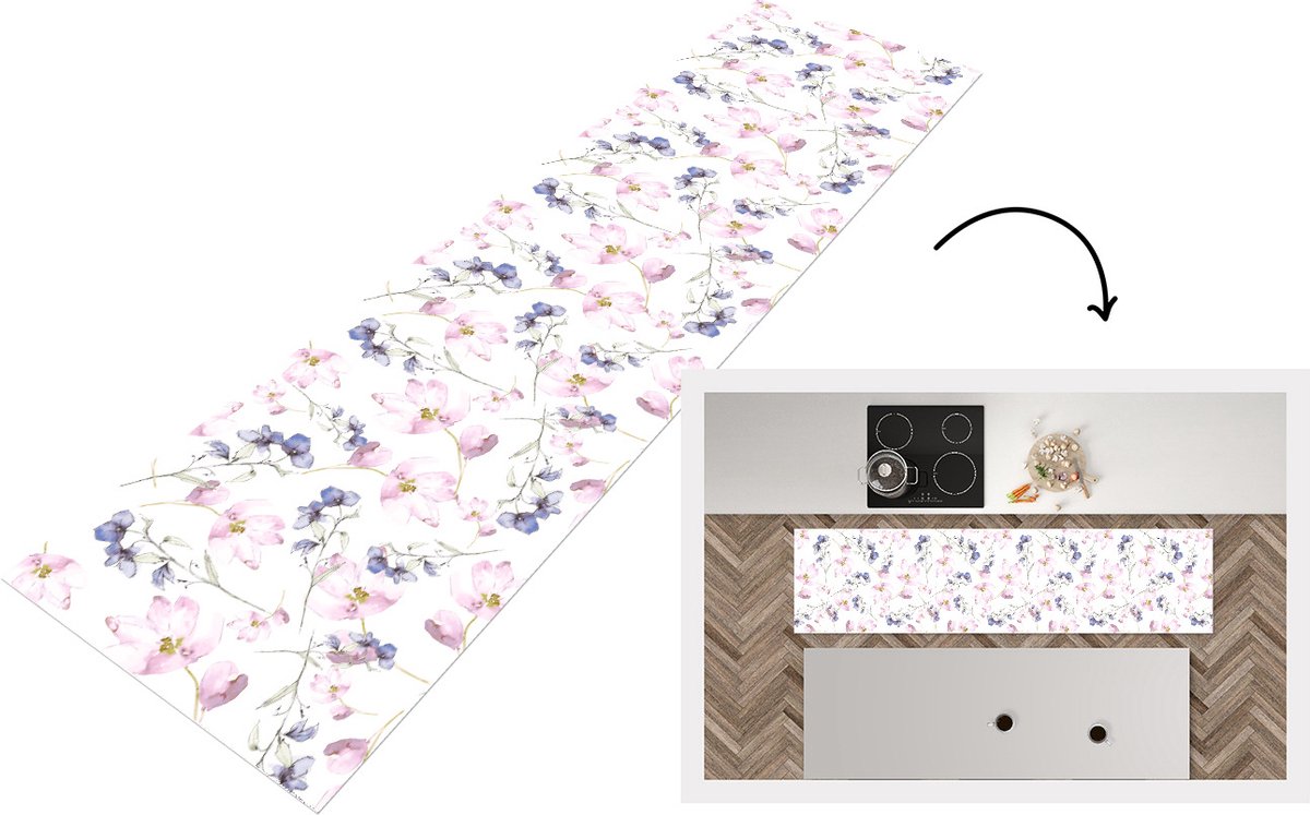 KitchenYeah Keukenloper - Loper keuken - Bloemen - Waterverf - Bohemian - Patroon - 240x60 cm - Keukenloper vinyl Multicolor
