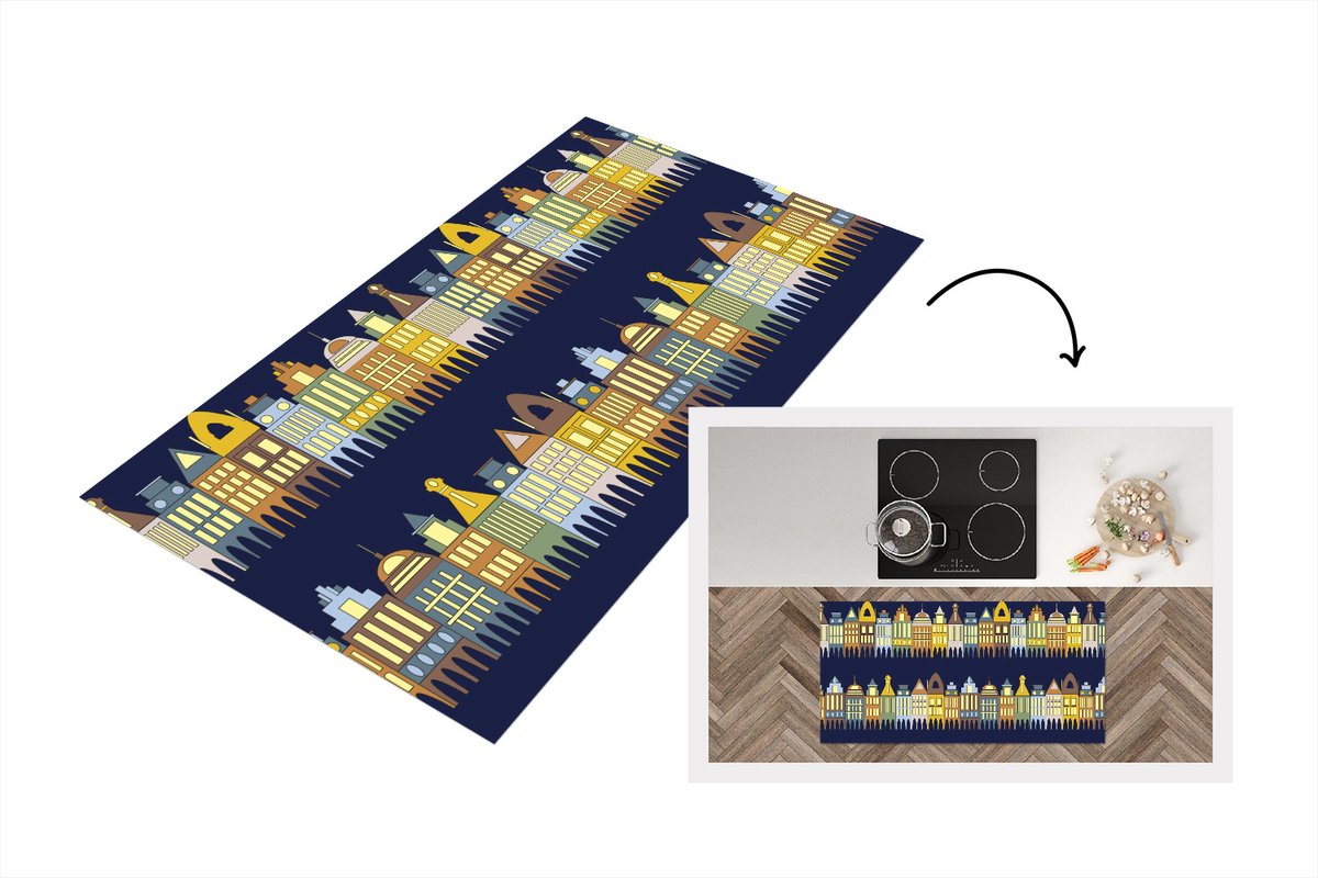 KitchenYeah Keukenloper - Loper keuken - Patronen - Huizen - Gebouw - 120x60 cm - Keukenloper vinyl Multicolor