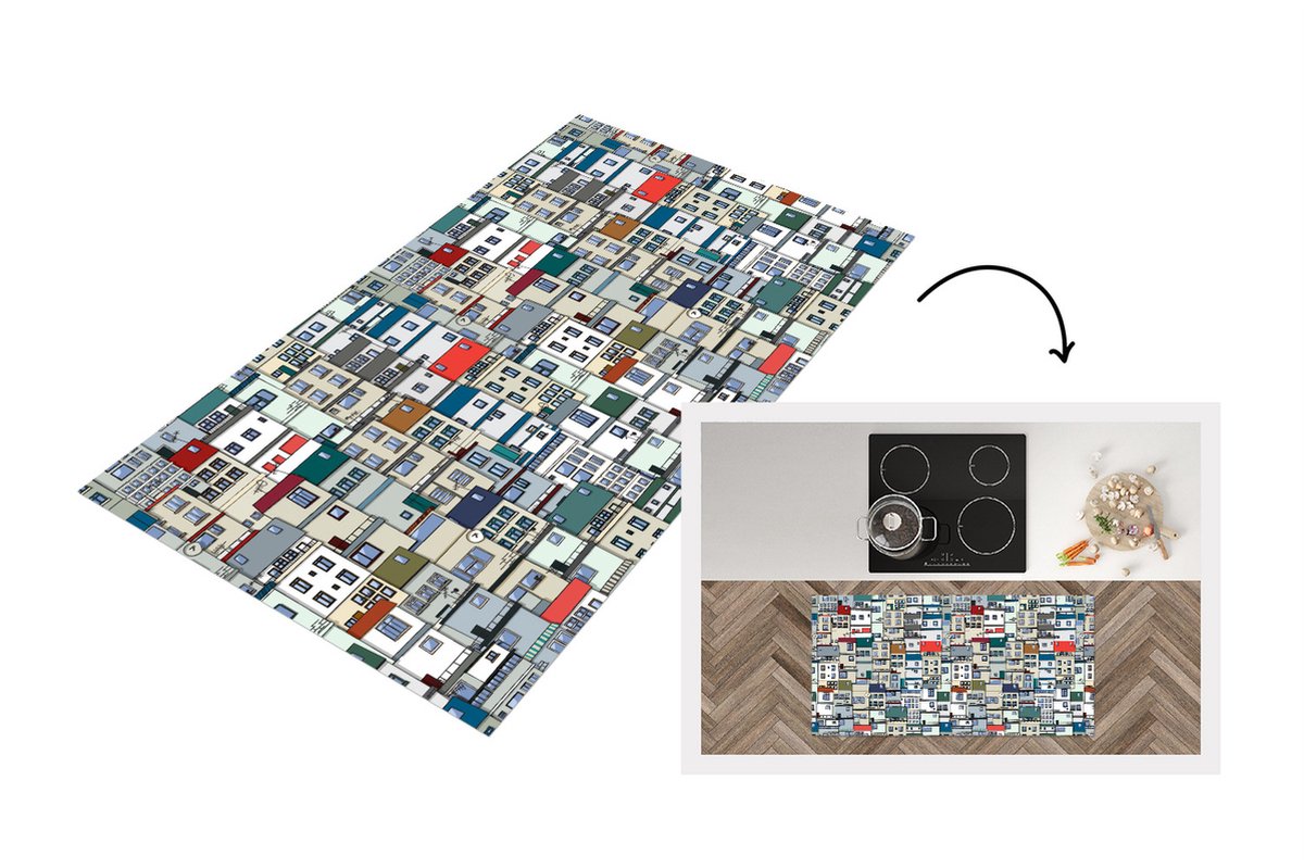 KitchenYeah Keukenloper - Loper keuken - Zentangle - Huis - Patronen - 120x60 cm - Keukenloper vinyl Multicolor
