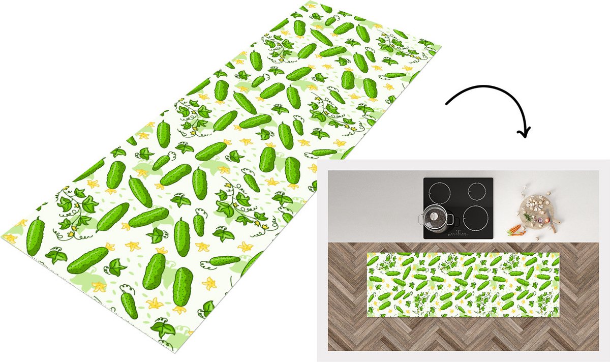 KitchenYeah Keukenloper - Loper keuken - Komkommer - Groente - Patronen - 150x50 cm - Keukenloper vinyl Multicolor