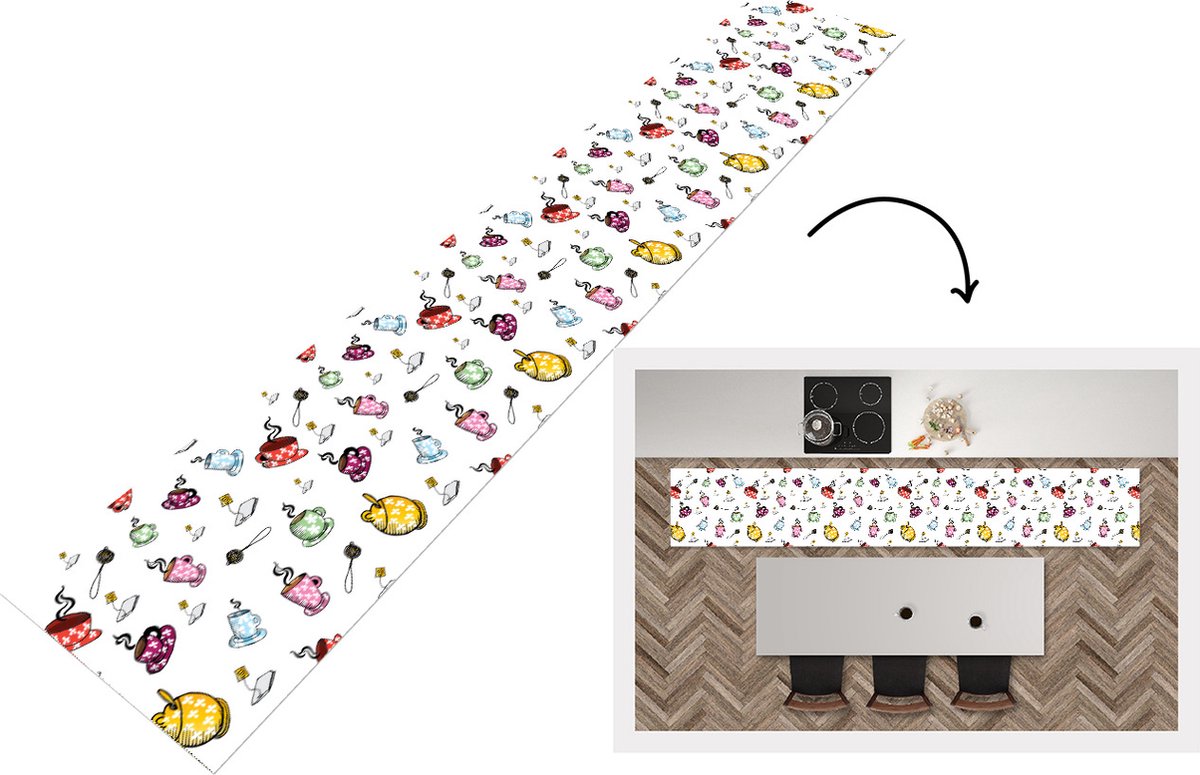KitchenYeah Keukenloper - Loper keuken - Thee - Patronen - Kopjes - 300x50 cm - Keukenloper vinyl Multicolor