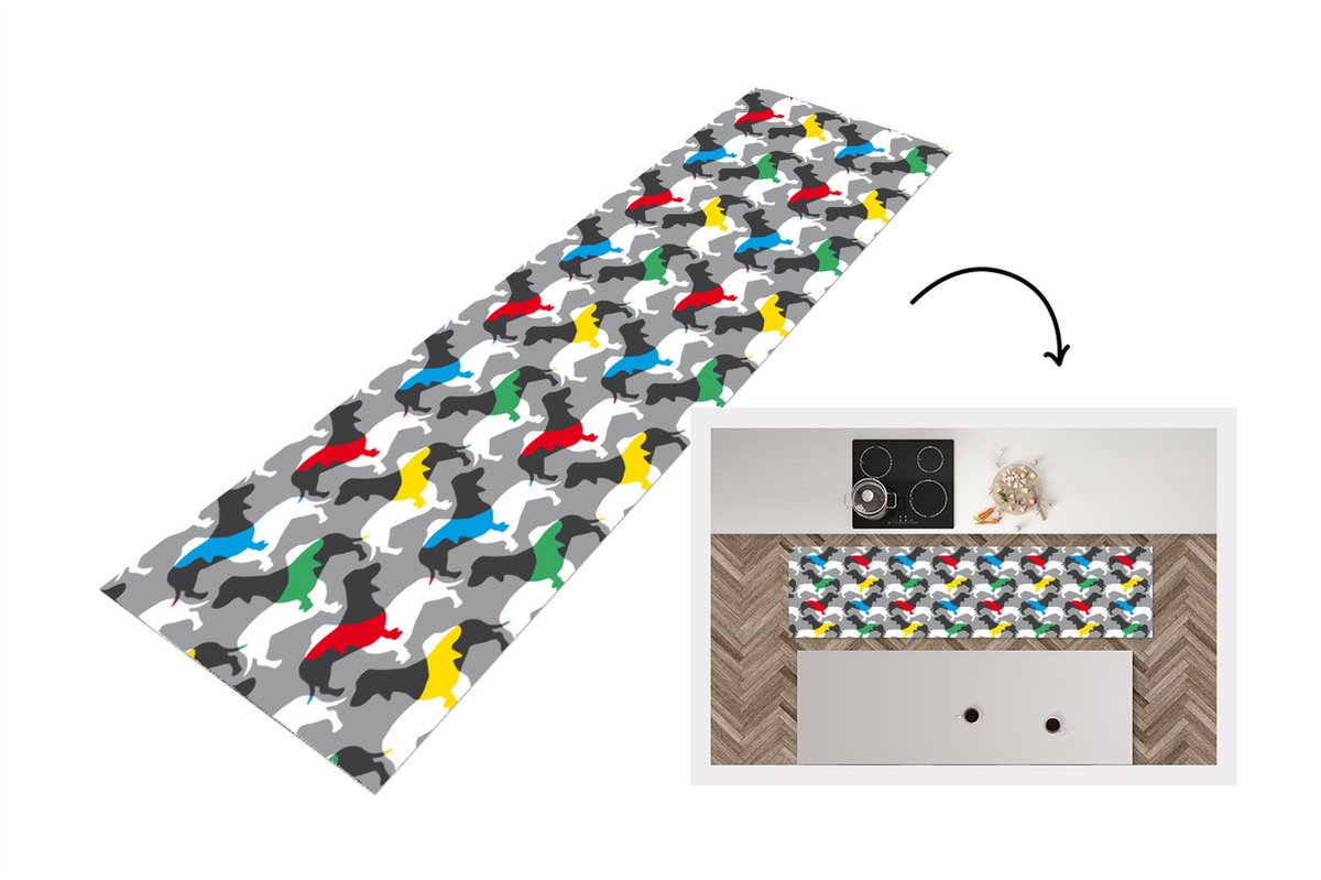 KitchenYeah Keukenloper - Loper keuken - Honden - Teckel - Patronen - 200x50 cm - Keukenloper vinyl Multicolor