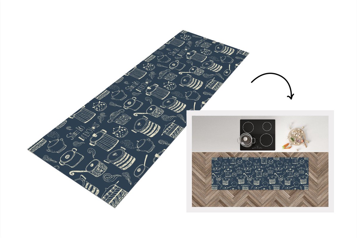 Keukenloper - Loper keuken - Patroon - Pannen - Koken - 150x50 cm - Keukenloper vinyl