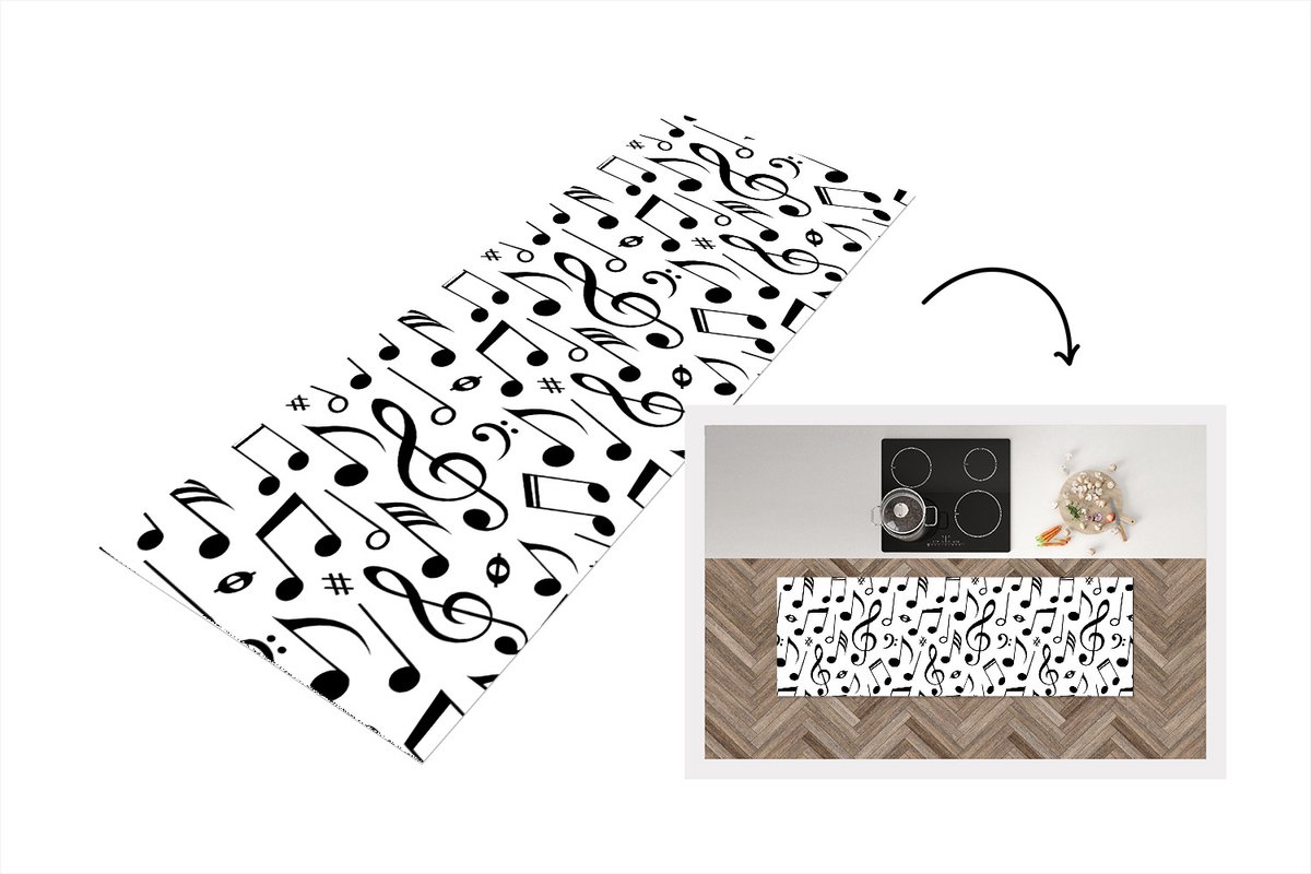 KitchenYeah Keukenloper - Loper keuken - Muziek - Patronen - Zwart Wit - 180x60 cm - Keukenloper vinyl Zwart; Wit