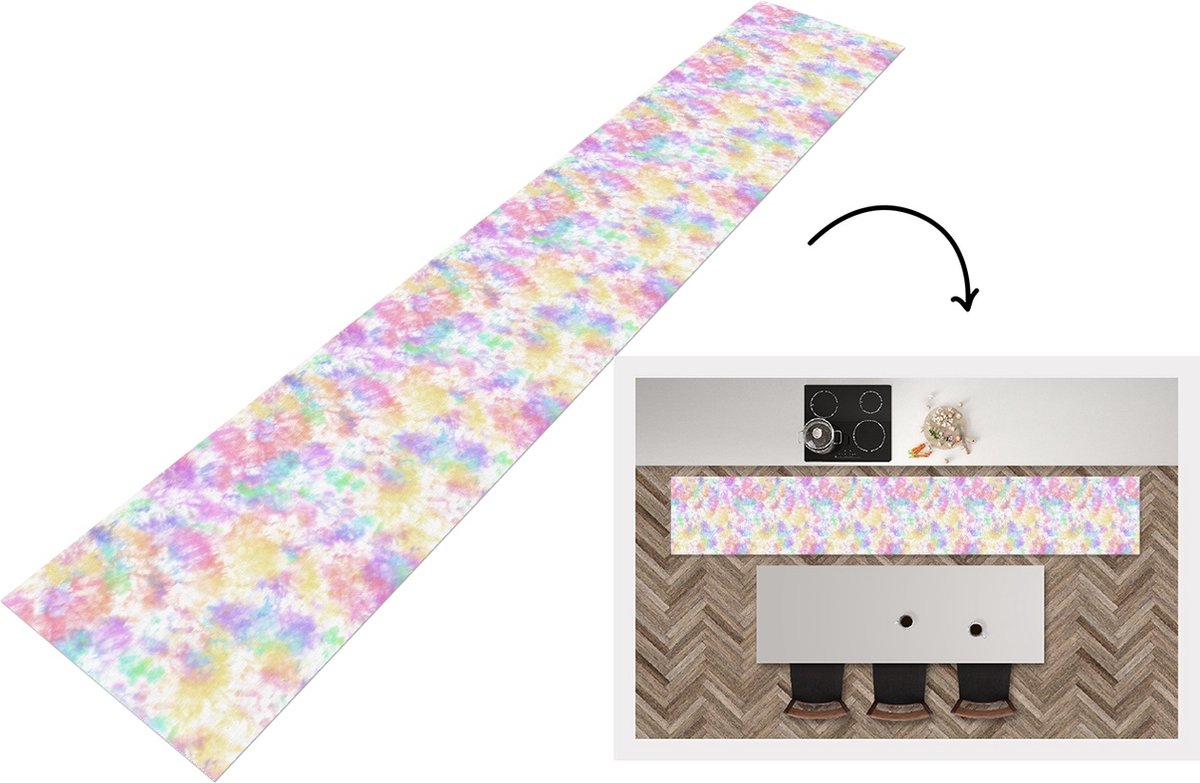 KitchenYeah Keukenloper - Loper keuken - Tie dye - Pastel - Regenboog - Verf - Patronen - 300x50 cm - Keukenloper vinyl Multicolor