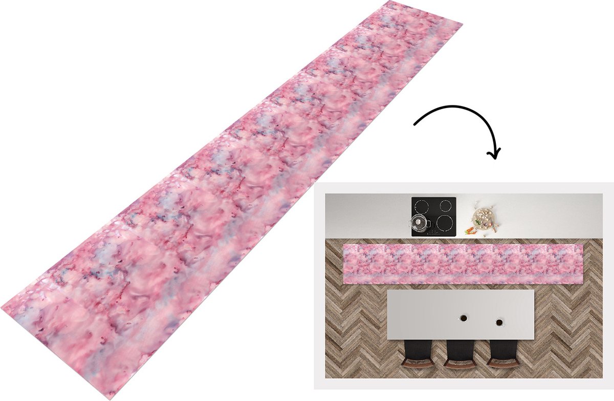 KitchenYeah Keukenloper - Loper keuken - Alcohol inkt - Marmer - Roze - Patronen - 300x50 cm - Keukenloper vinyl Multicolor