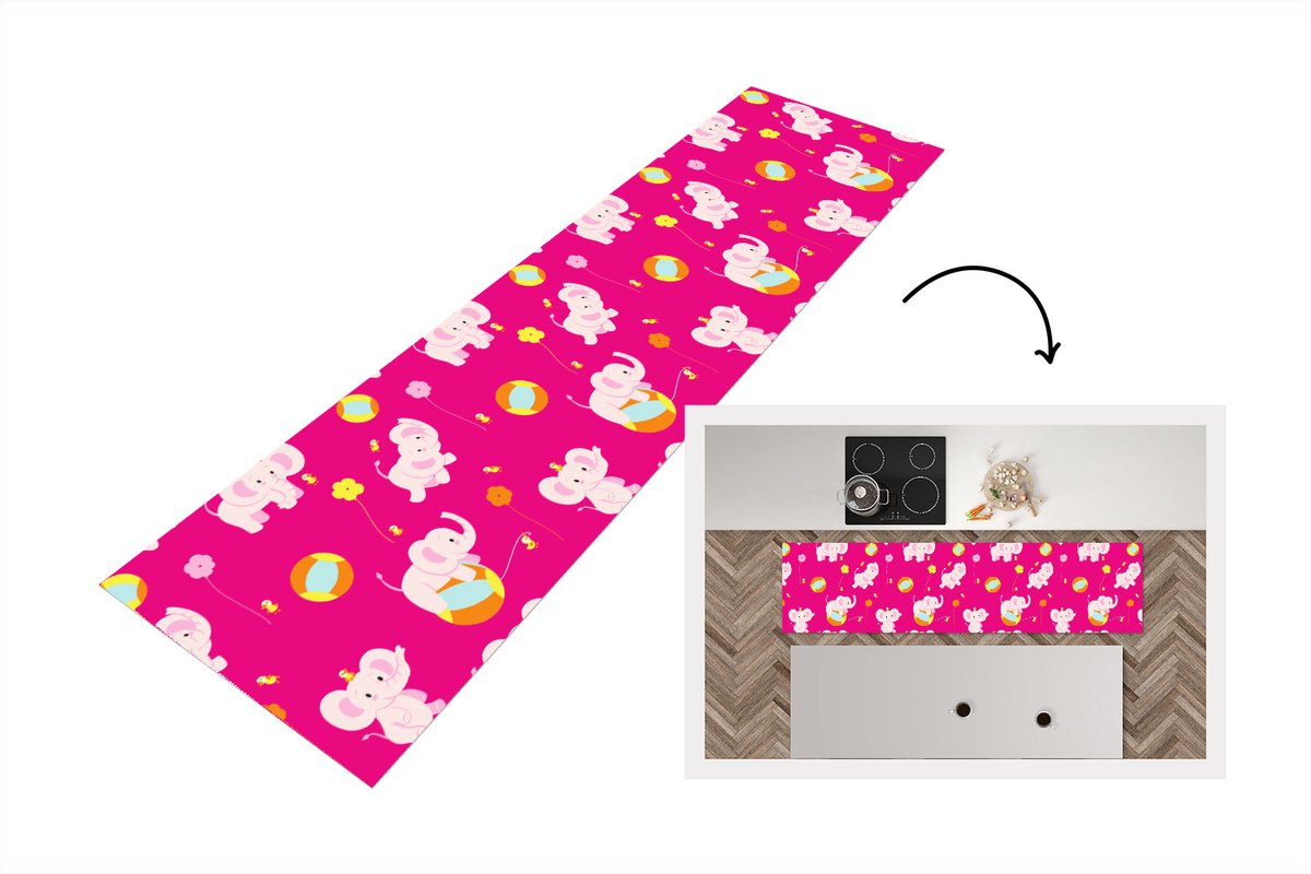 KitchenYeah Keukenloper - Loper keuken - Olifant - Bloemen - Patronen - 240x60 cm - Keukenloper vinyl Multicolor