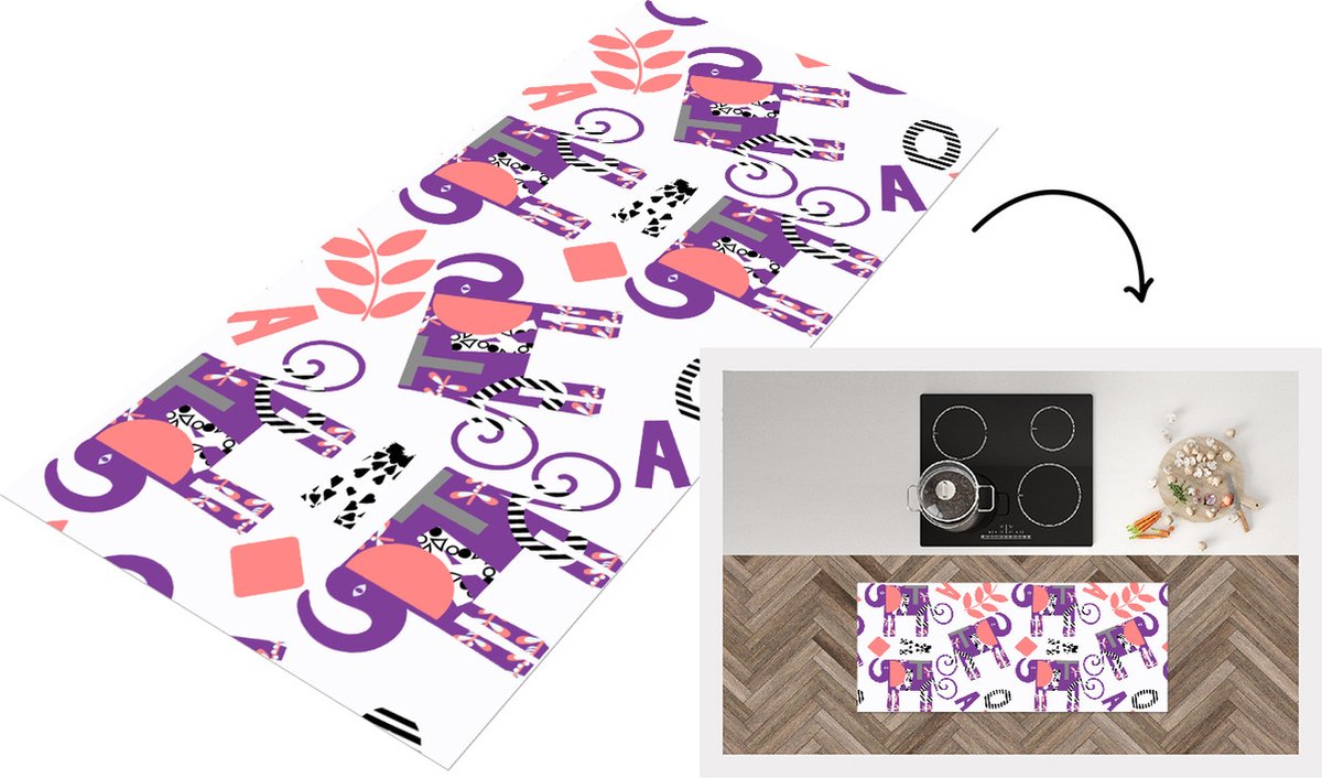 KitchenYeah Keukenloper - Loper keuken - Olifanten - Bladeren - Paars - Patroon - 120x50 cm - Keukenloper vinyl Multicolor