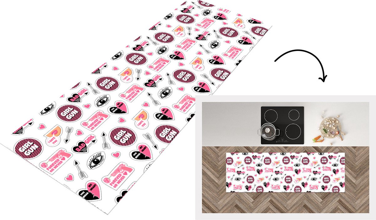 KitchenYeah Keukenloper - Loper keuken - Meisjes - Roze - Hartjes - Design - Keukenloper vinyl, foto 4