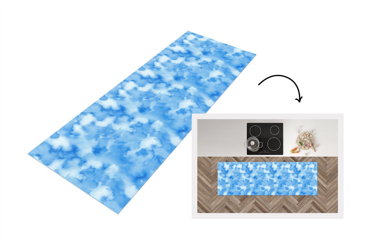 KitchenYeah Keukenloper - Loper keuken - Waterverf - Abstract - Blauw - Patronen - 180x60 cm - Keukenloper vinyl Multicolor