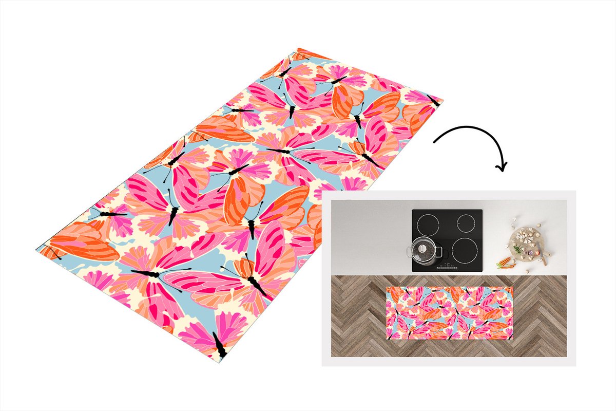 KitchenYeah Keukenloper - Loper keuken - Vlinders - Vliegen - Patronen - 120x50 cm - Keukenloper vinyl Multicolor