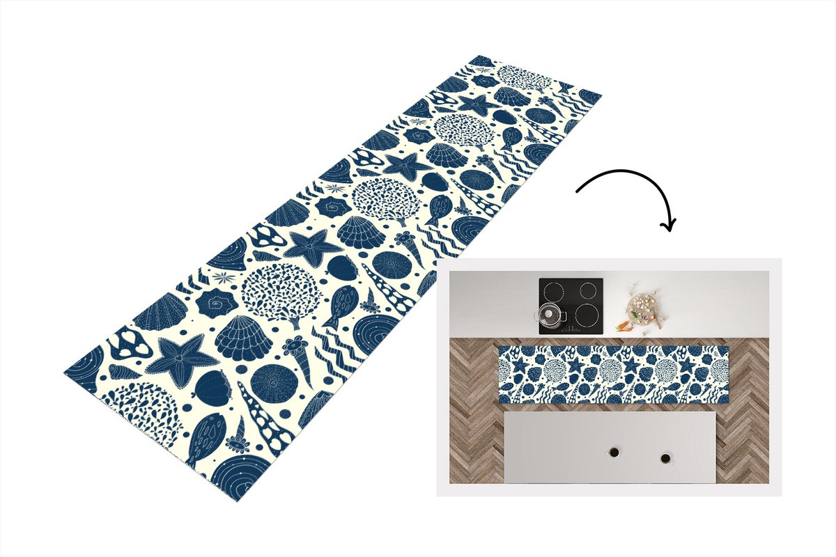KitchenYeah Keukenloper - Loper keuken - Schelpen - Strand - Blauw - Patroon - 240x60 cm - Keukenloper vinyl Multicolor