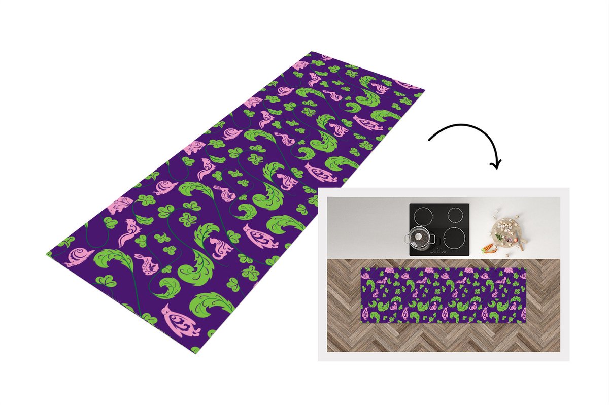 KitchenYeah Keukenloper - Loper keuken - Bladeren - Dieren - Patronen - 150x50 cm - Keukenloper vinyl Multicolor