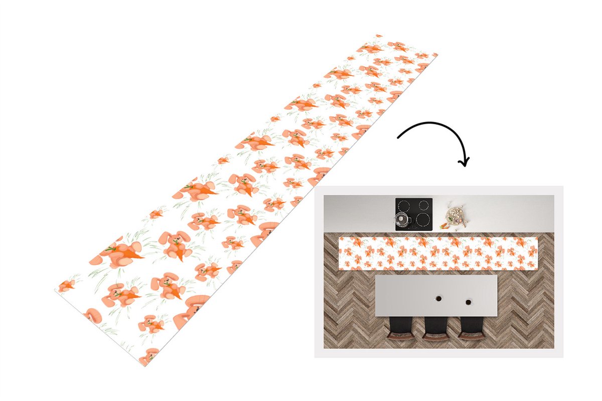 KitchenYeah Keukenloper - Loper keuken - Konijnen - Groente - Patronen - 300x50 cm - Keukenloper vinyl Multicolor