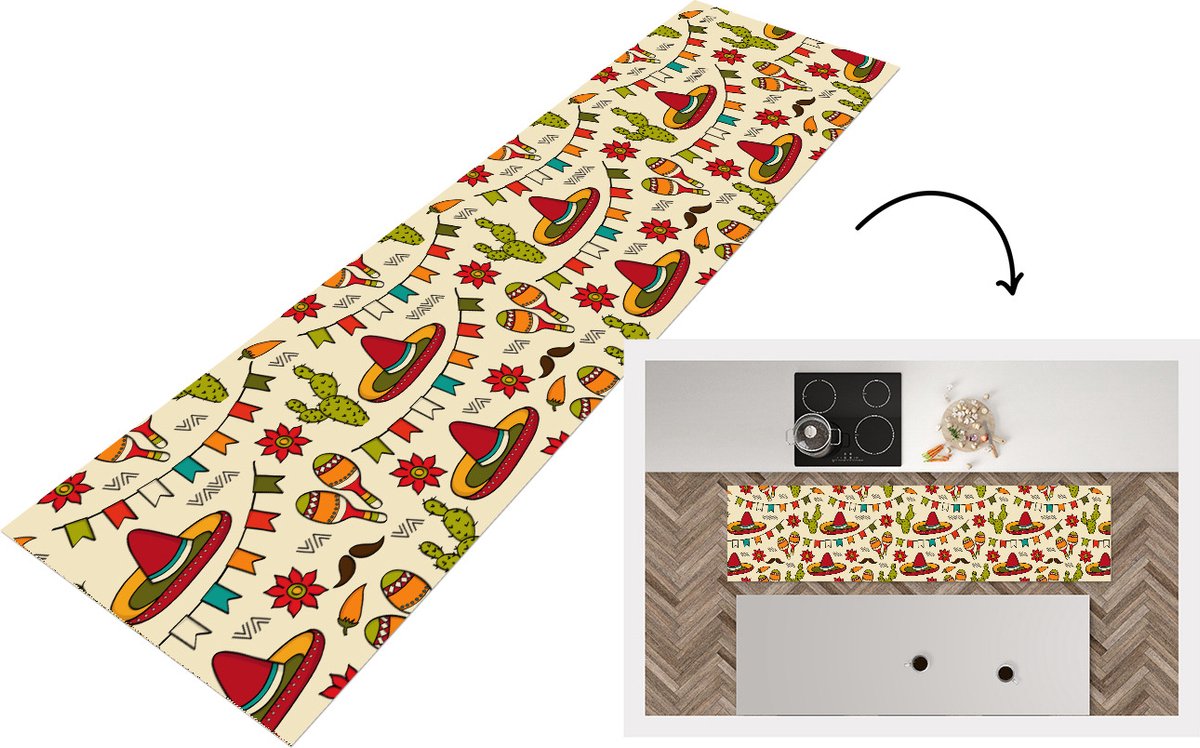 KitchenYeah Keukenloper - Loper keuken - Mexico - Cactus - Patronen - 240x60 cm - Keukenloper vinyl Multicolor
