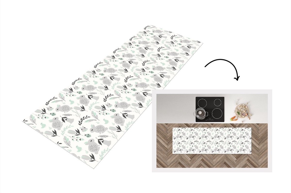 KitchenYeah Keukenloper - Loper keuken - Konijnen - Patronen - Lente - 180x60 cm - Keukenloper vinyl Multicolor