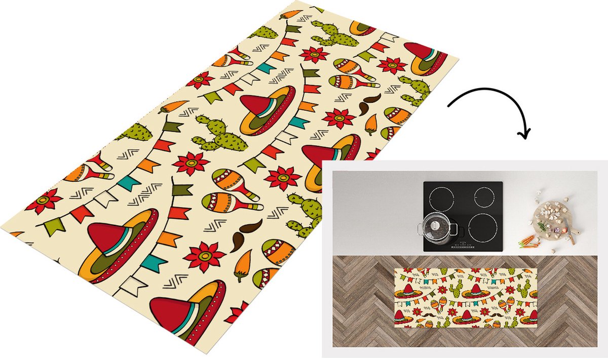 KitchenYeah Keukenloper - Loper keuken - Mexico - Cactus - Patronen - 120x50 cm - Keukenloper vinyl Multicolor