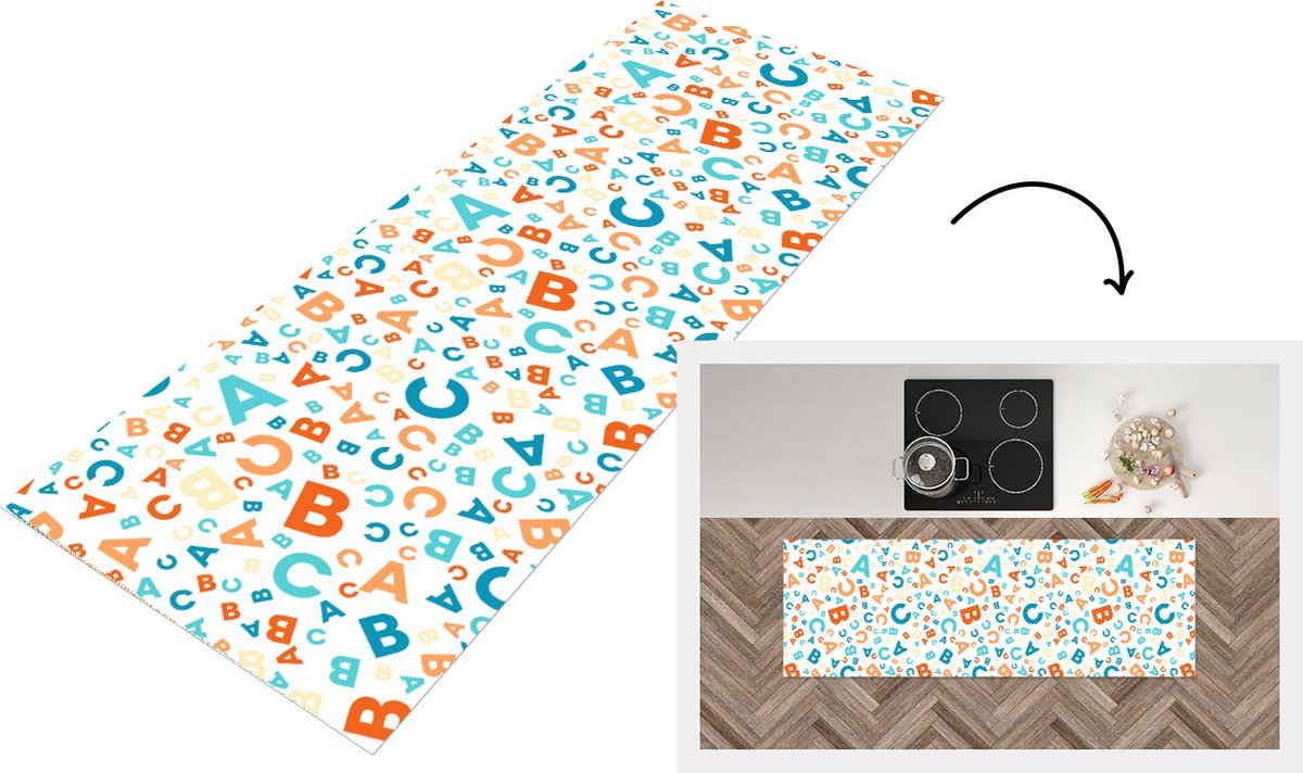 KitchenYeah Keukenloper - Loper keuken - Letters - Abc - Oranje - Blauw - Patronen - 180x60 cm - Keukenloper vinyl Multicolor