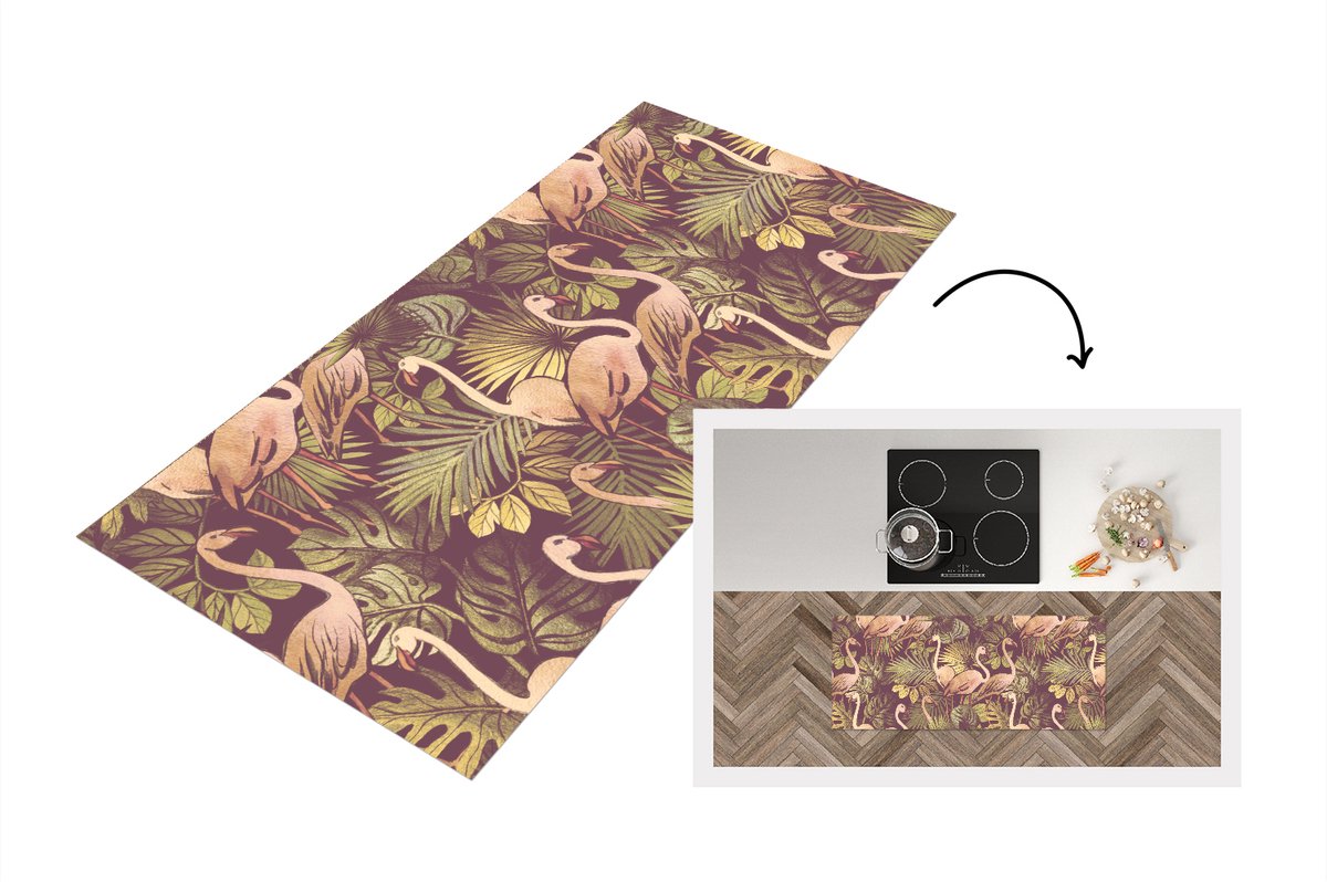 KitchenYeah Keukenloper - Loper keuken - Vintage - Flamingo - Bladeren - Jungle - Patroon - 120x50 cm - Keukenloper vinyl Multicolor