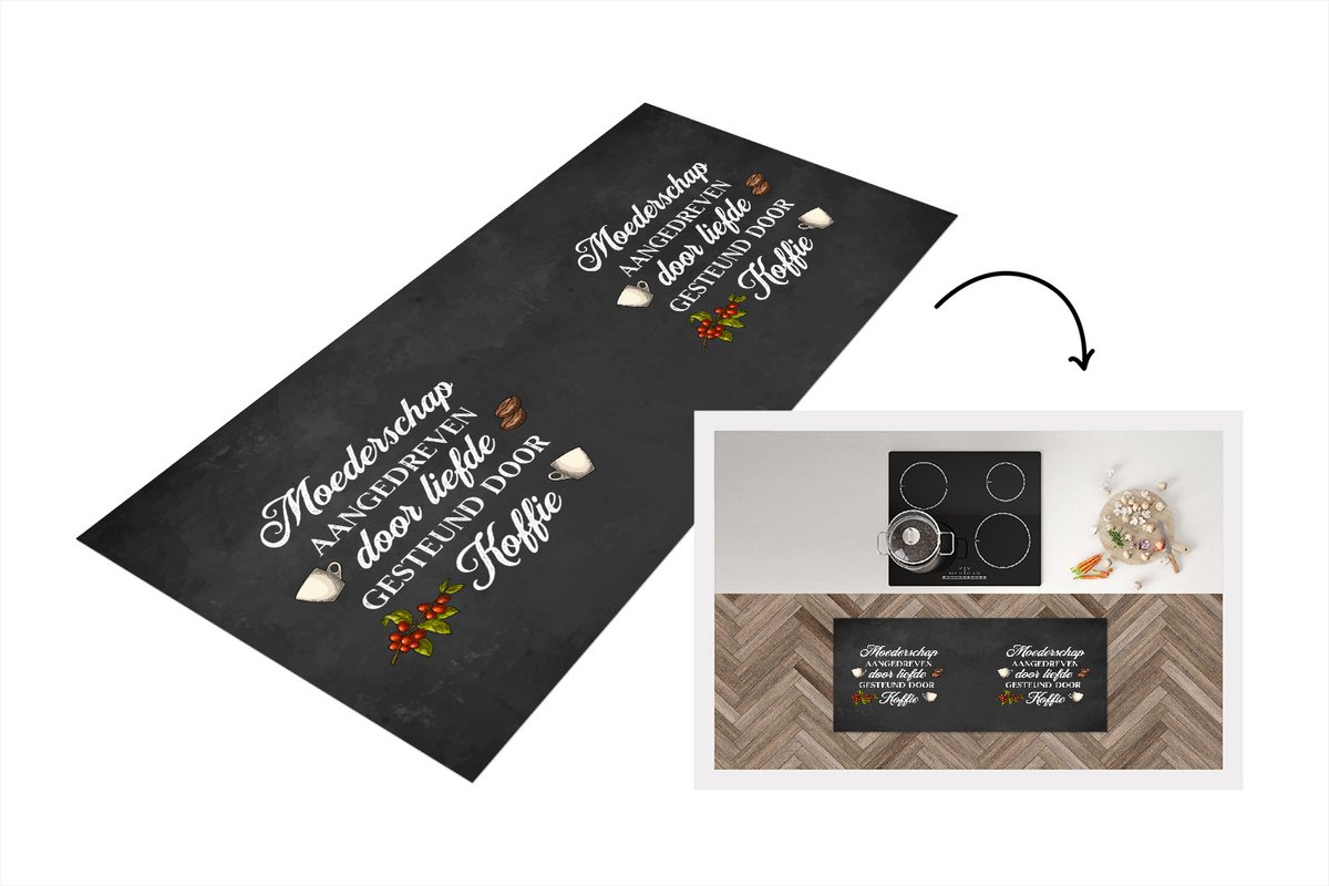 KitchenYeah Keukenloper - Loper keuken - Quote - Moederschap aangedreven door liefde gesteund door koffie - Moeder - Mama - 120x50 cm - Keukenloper vinyl Multicolor