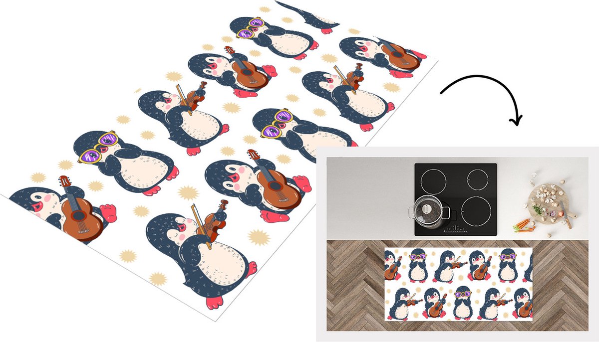 KitchenYeah Keukenloper - Loper keuken - Pinguïn - Muziek - Gitaar - Kinderen - Patroon - 120x60 cm - Keukenloper vinyl Multicolor