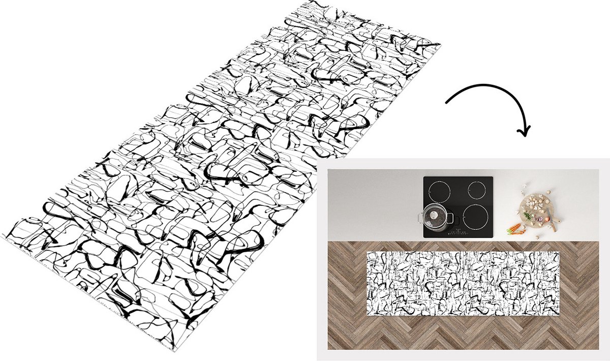 KitchenYeah Keukenloper - Loper keuken - Line Art - Abstract - Patronen - Zwart Wit - 180x60 cm - Keukenloper vinyl Zwart; Wit