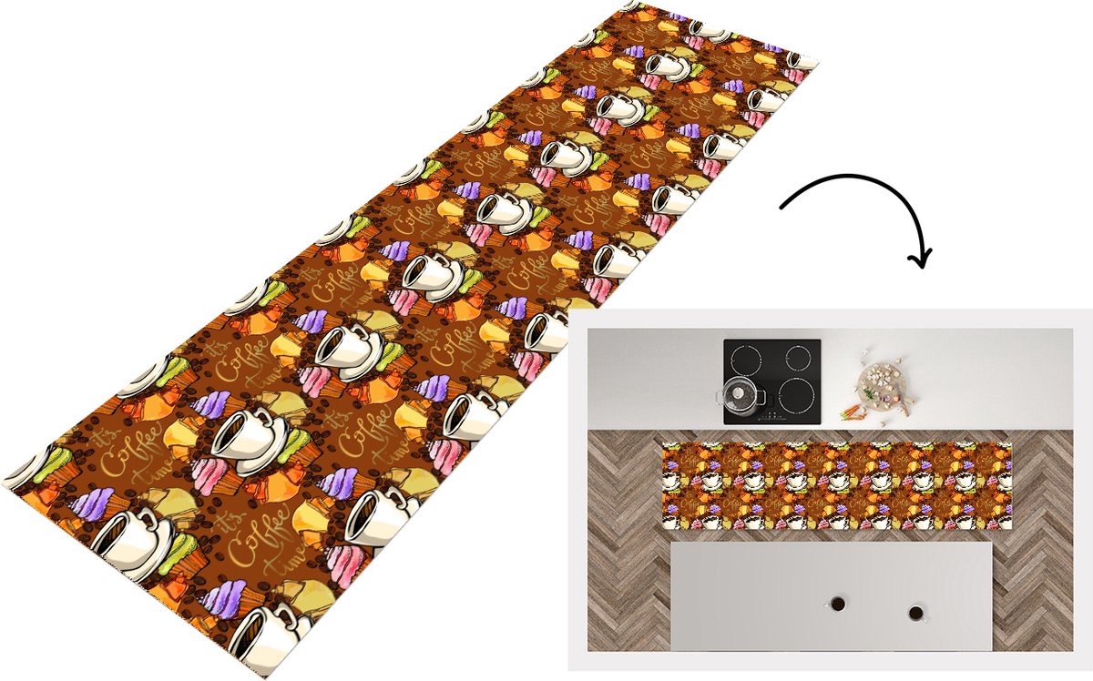 KitchenYeah Keukenloper - Loper keuken - Koffie - Croissant - Patronen - Ontbijt - 200x50 cm - Keukenloper vinyl Multicolor