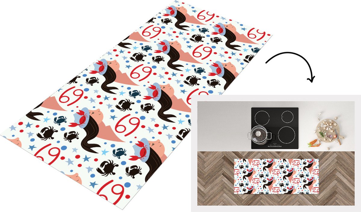 KitchenYeah Keukenloper - Loper keuken - Zodiac - Kreeft - Patroon - 120x50 cm - Keukenloper vinyl Multicolor