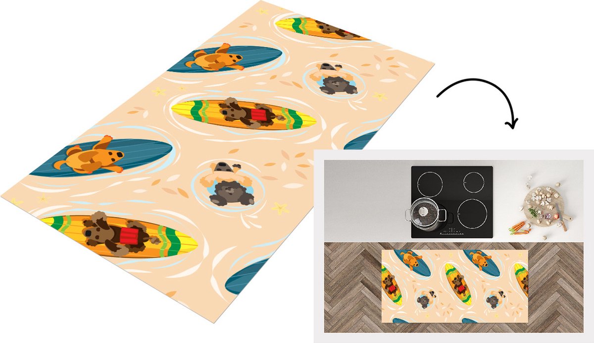 KitchenYeah Keukenloper - Loper keuken - Honden - Surfen - Patroon - 120x60 cm - Keukenloper vinyl Multicolor