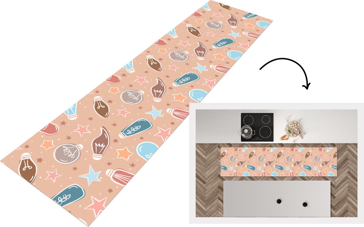 KitchenYeah Keukenloper - Loper keuken - Cartoon - Pastel - Patronen - Lamp - 200x50 cm - Keukenloper vinyl Multicolor