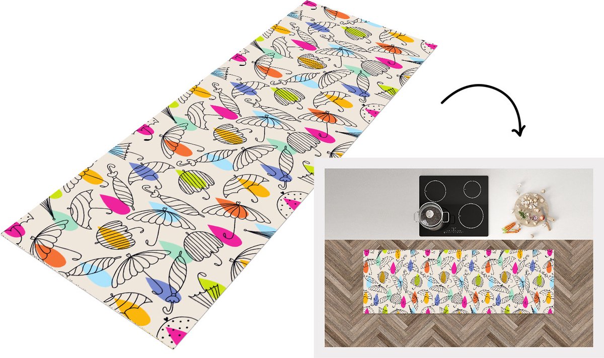 KitchenYeah Keukenloper - Loper keuken - Pastel - Paraplu - Patronen - 180x60 cm - Keukenloper vinyl Multicolor