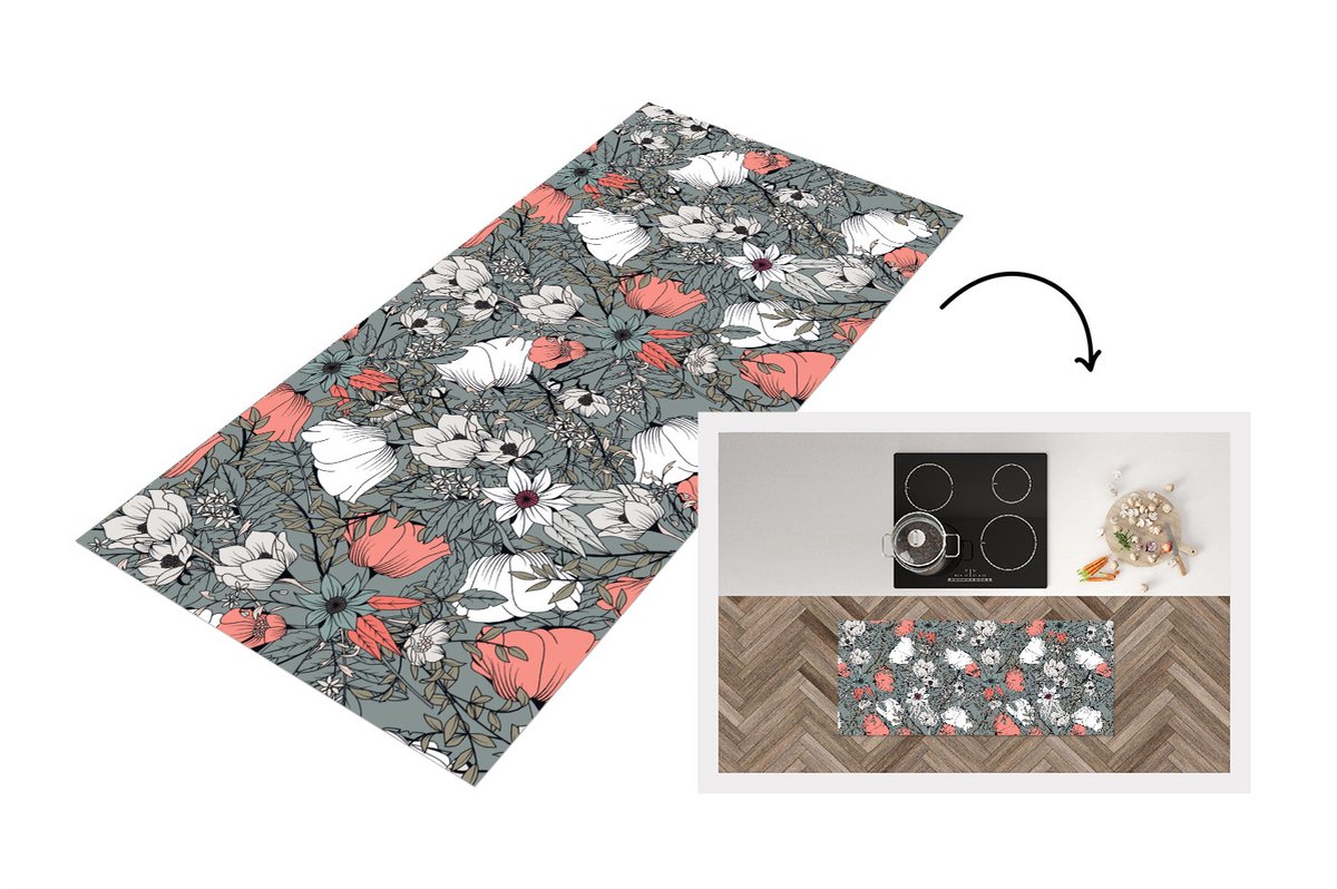 KitchenYeah Keukenloper - Loper keuken - Klaproos - Schets - Vintage - 120x50 cm - Keukenloper vinyl Multicolor