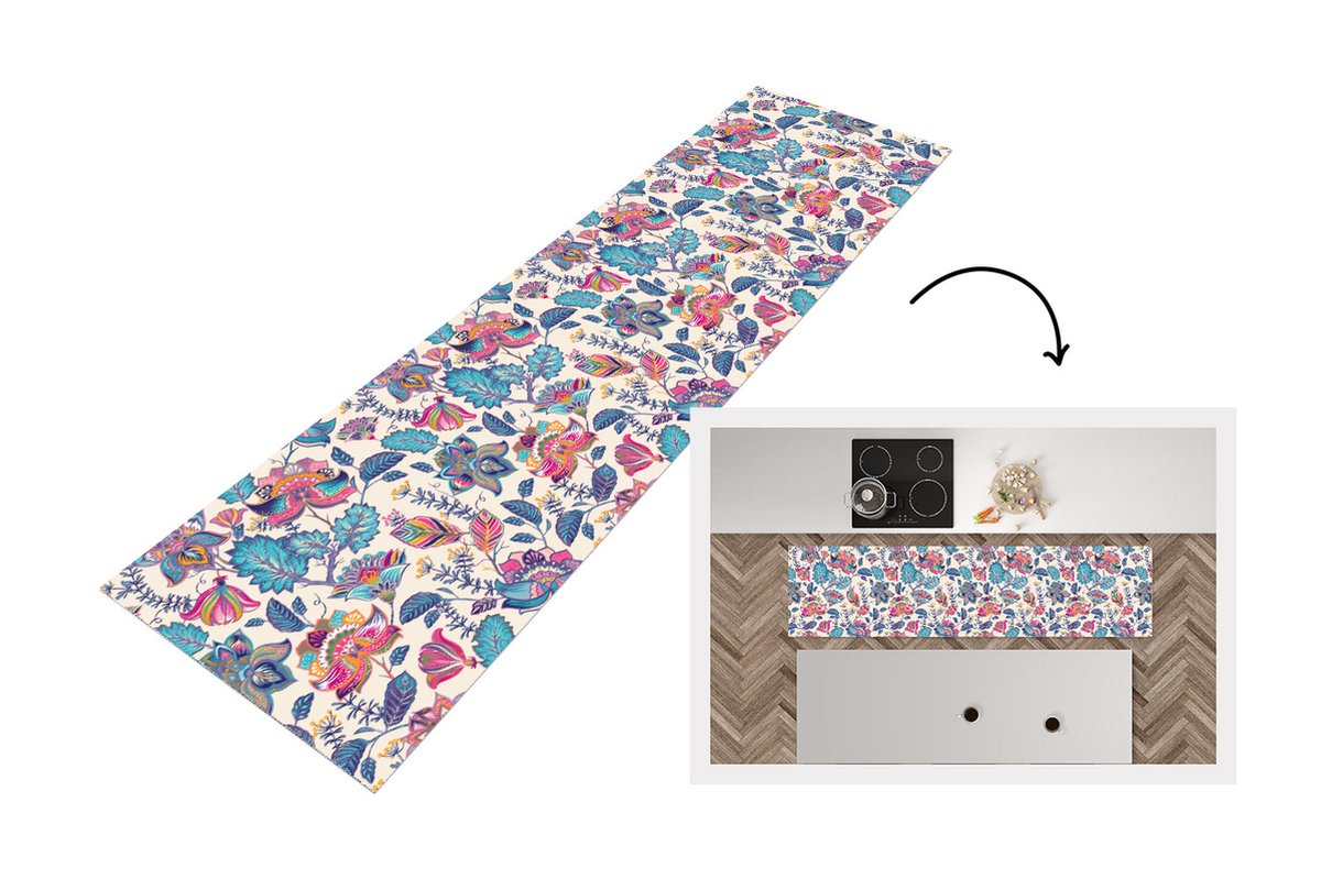 KitchenYeah Keukenloper - Loper keuken - Regenboog - Bloemen - Schets - Patronen - 240x60 cm - Keukenloper vinyl Multicolor