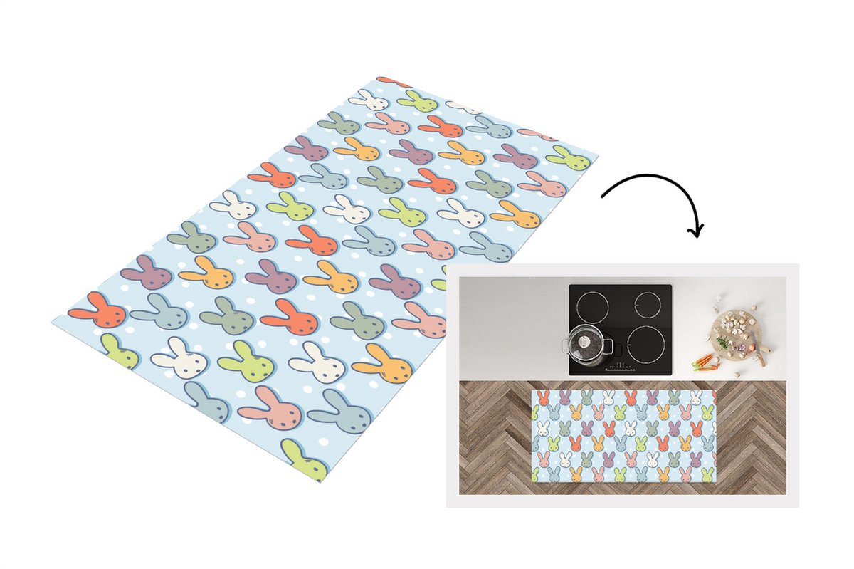 KitchenYeah Keukenloper - Loper keuken - Konijnen - Stippen - Pastel - Blauw - Patronen - 120x60 cm - Keukenloper vinyl Multicolor