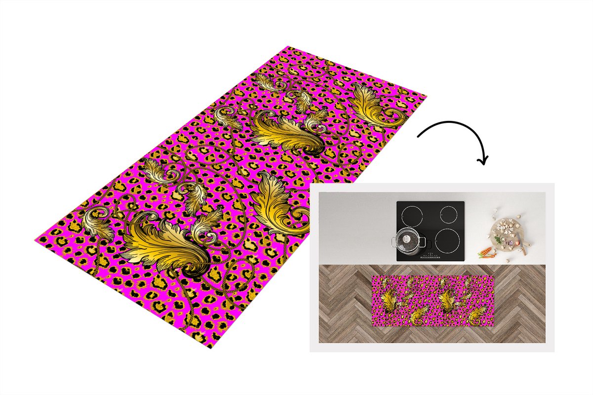 KitchenYeah Keukenloper - Loper keuken - Barok - Panter - Goud - Patroon - 120x50 cm - Keukenloper vinyl Multicolor