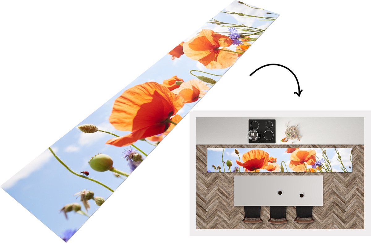 KitchenYeah Keukenloper - Loper keuken - Klaproos - Kleuren - Lente - 300x50 cm - Keukenloper vinyl Multicolor