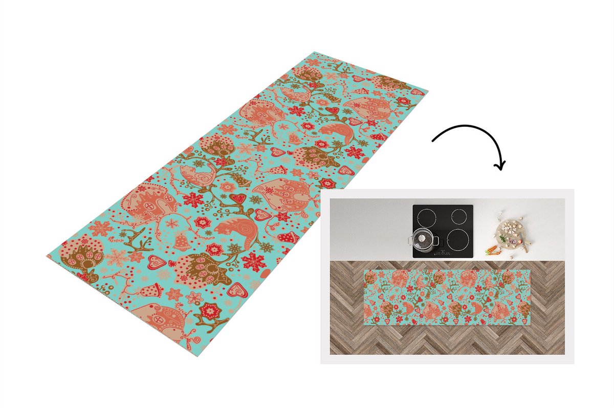 KitchenYeah Keukenloper - Loper keuken - Peperkoekhuisje - Bloemen - Katten - Sneeuwvlok - Patronen - 180x60 cm - Keukenloper vinyl Multicolor