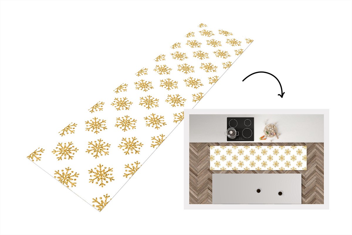 KitchenYeah Keukenloper - Loper keuken - Sneeuwvlok - Gold - Glitter - Kerstmis - Design - 240x60 cm - Keukenloper vinyl Multicolor