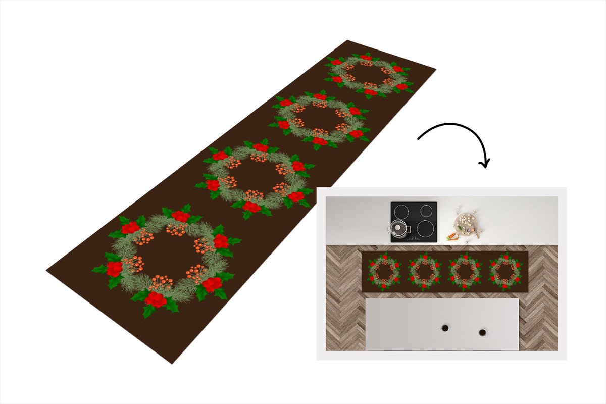 KitchenYeah Keukenloper - Loper keuken - Kerstkrans - Hulst - Patronen - Keukenloper vinyl multicolor, foto 3