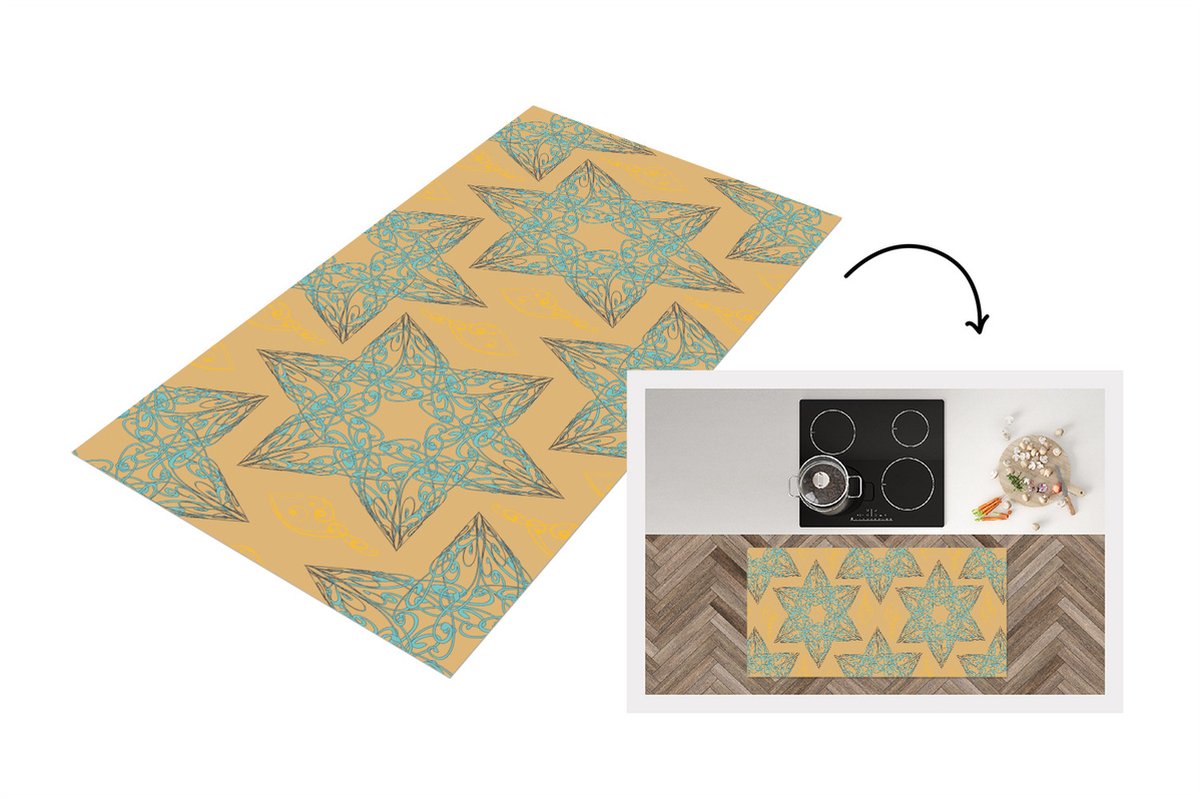 KitchenYeah Keukenloper - Loper keuken - Kerstster - Blauw - Geel - Patronen - Christmas - 120x60 cm - Keukenloper vinyl Multicolor