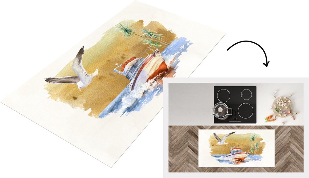 KitchenYeah Keukenloper - Loper keuken - Boot - Vogel - Strand - Waterverf - 120x60 cm - Keukenloper vinyl Multicolor