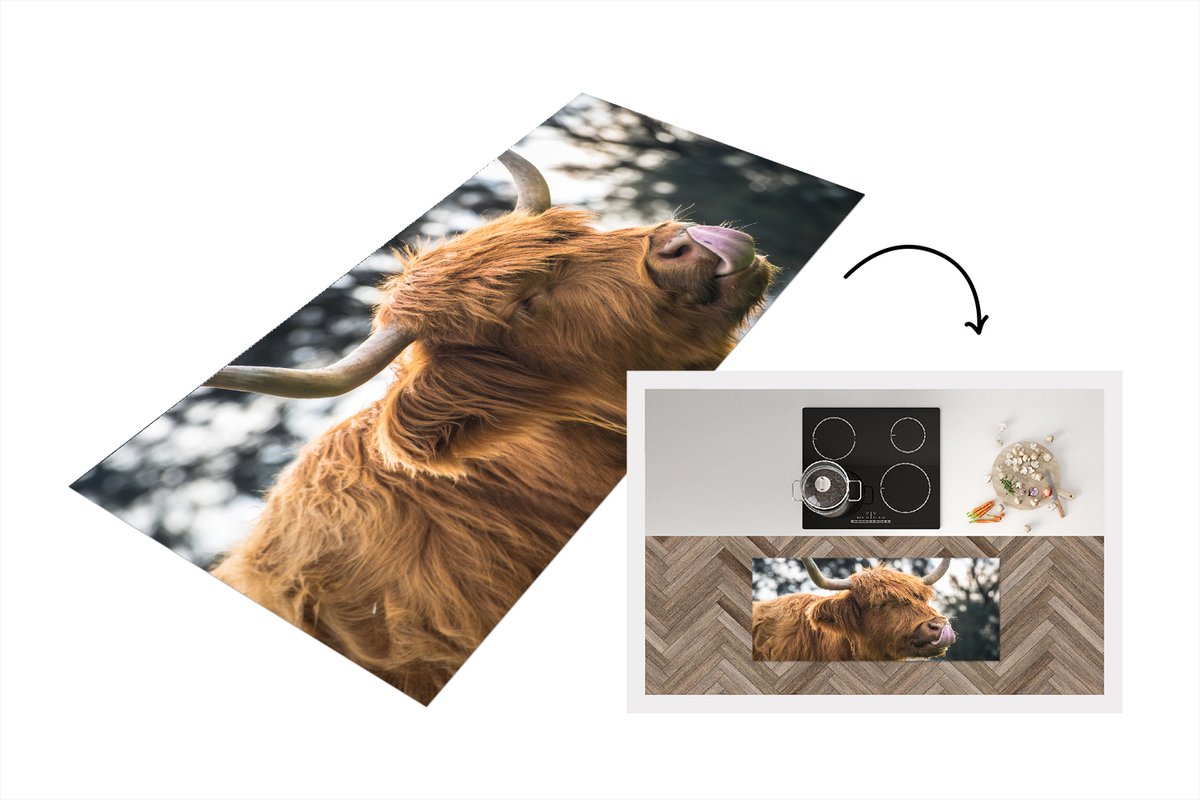 KitchenYeah Keukenloper - Loper keuken - Schotse Hooglander - Neus - Boom - 120x50 cm - Keukenloper vinyl Multicolor