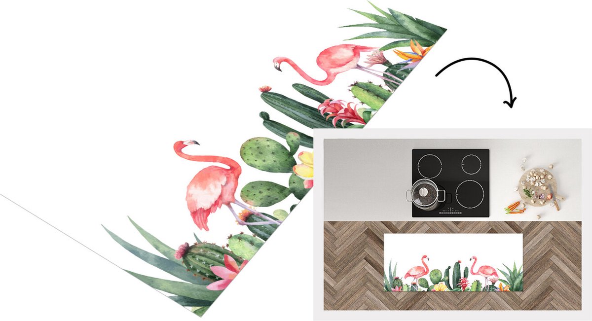 KitchenYeah Keukenloper - Loper keuken - Planten - Flamingo - Waterverf - 120x50 cm - Keukenloper vinyl Multicolor