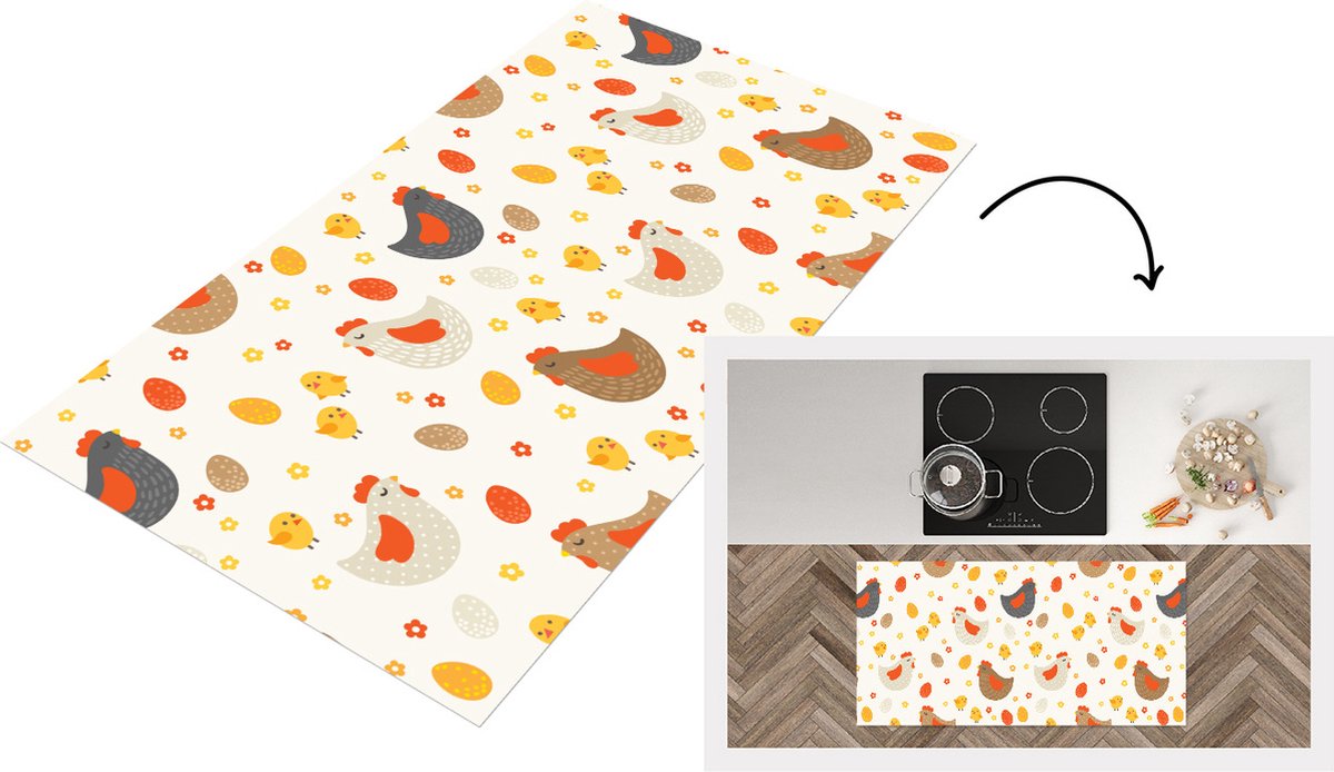 KitchenYeah Keukenloper - Loper keuken - Kip - Eieren - Patroon - 120x60 cm - Keukenloper vinyl Multicolor
