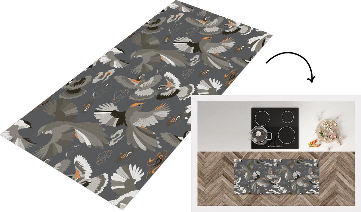 KitchenYeah Keukenloper - Loper keuken - Vogel - Patroon - Wolken - 120x50 cm - Keukenloper vinyl Multicolor